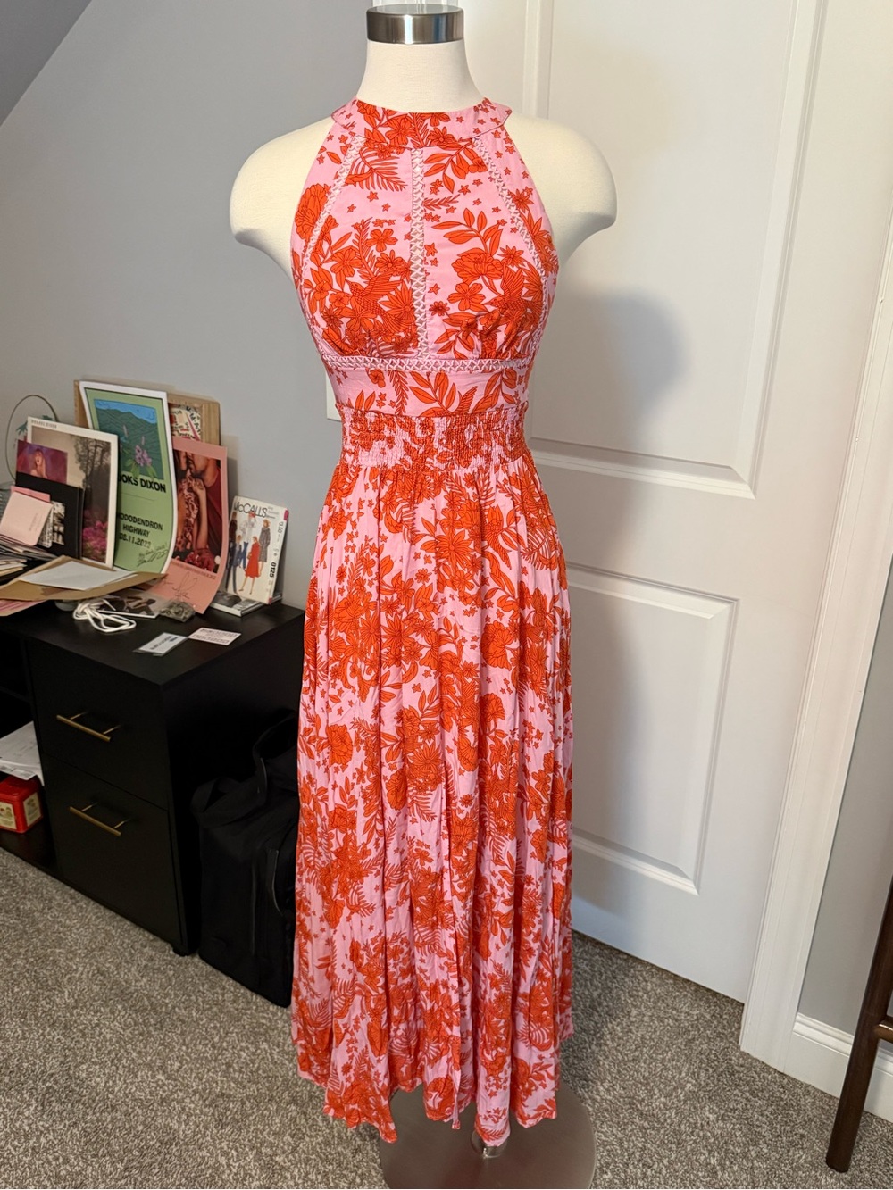Pink and Orange Floral Halter Maxi Dress
